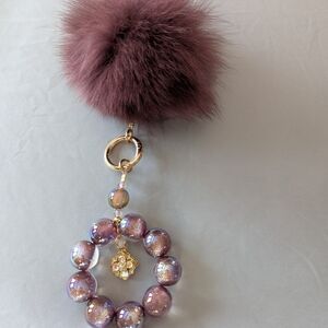 Purple Pom Pom Keychain with Beaded Charm